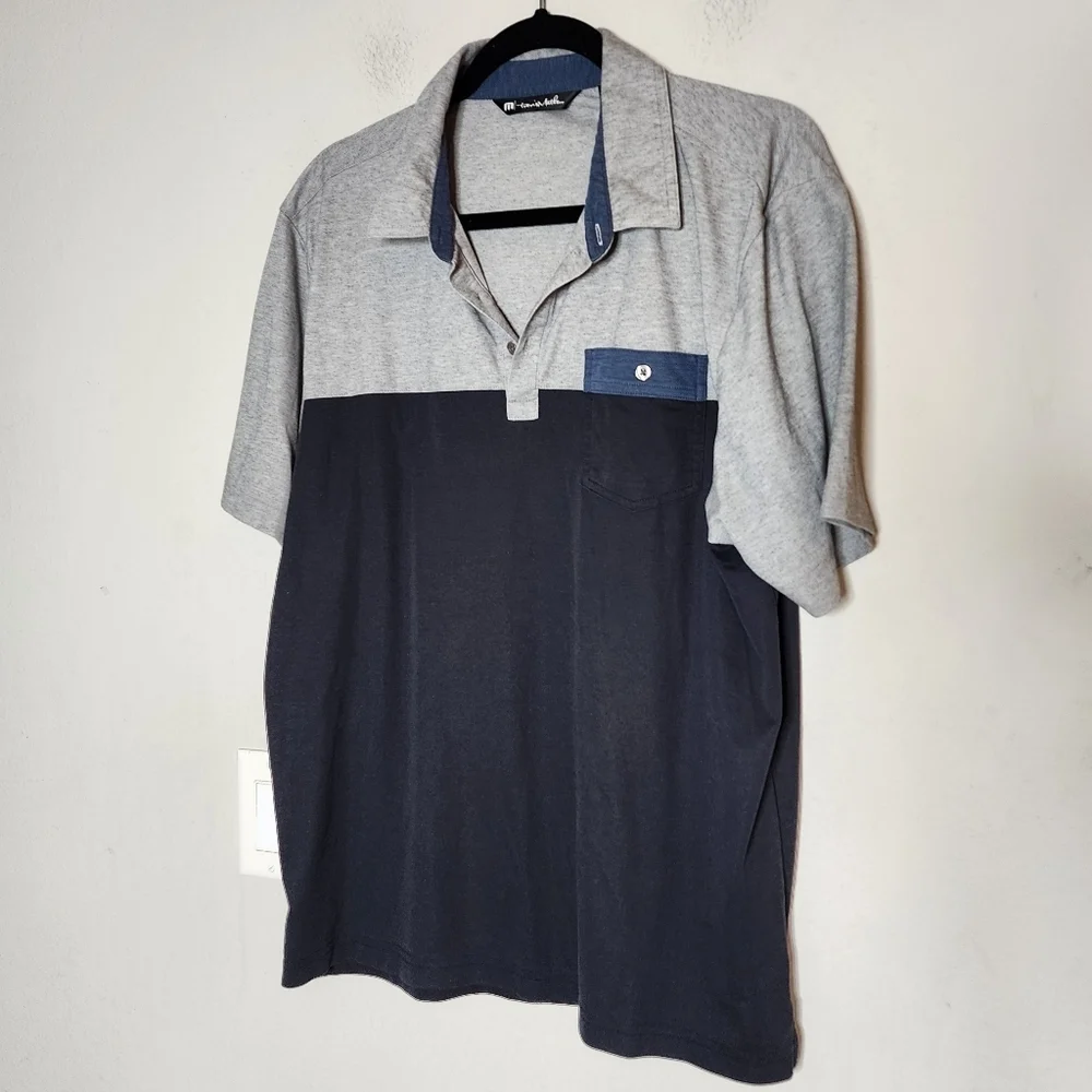 Travis Mathew Four B's Polo.‎ Grey navy blue. Men's size Large.